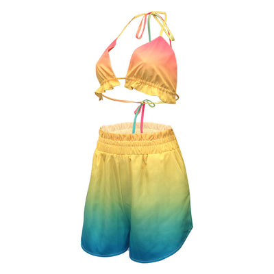 Women's three-piece beachwear set with neon yellow bikini top, floral print long-sleeve shirt, and matching shorts. - Image 16
