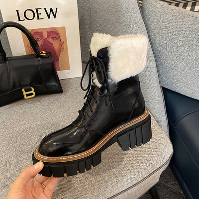 Botas de Nieve Mujer Cuero con Suela Gruesa y Forro de Lana Beige - Image 13