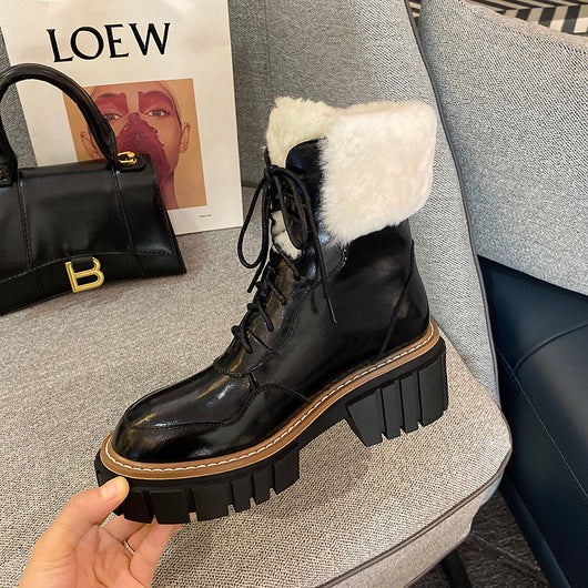 Botas de Nieve Mujer Cuero con Suela Gruesa y Forro de Lana Beige - Image 13