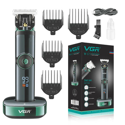 VGR V-671 professional hair clipper in dark green and black with charging base, digital display, and four guide combs. - Image 3