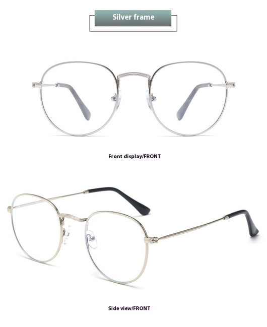 Black metal round frame anti-blue ray glasses with clear lenses, shown at an angle on a white background. - Image 11
