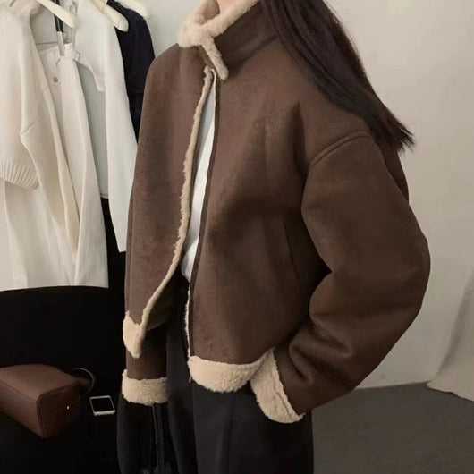Abrigo Corto Retro con Cuello de Pie para Mujer - Lana de Cordero Invierno - Image 6