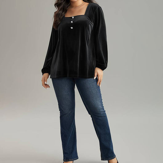 Blusa de Terciopelo Cuello Cuadrado Manga Larga Elegante y Suelta - Image 3