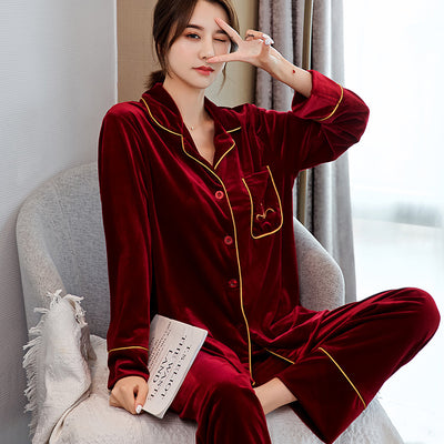 Pijamas para Parejas Terciopelo Rojo Dorado - Manga Larga Otoño Primavera - Image 4