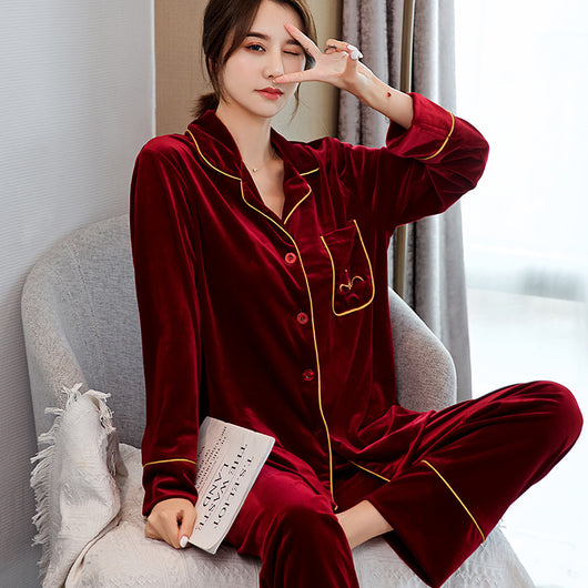 Pijamas para Parejas Terciopelo Rojo Dorado - Manga Larga Otoño Primavera - Image 4