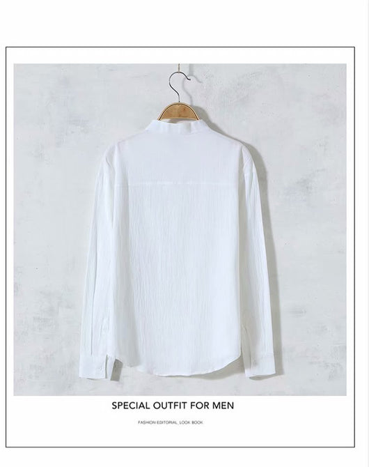 Camisa de Lino Suelta Manga Larga Cuello Redondo para Hombre - Image 11
