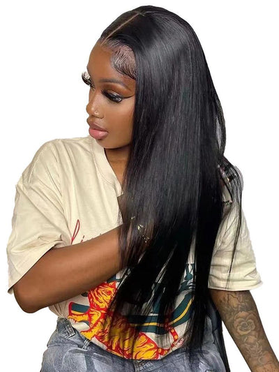 Peluca Frontal de Encaje Fibra Química Cabello Liso Negro Mediano - Image 6