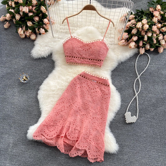 Conjunto de Dos Piezas: Blusa Camisola Hueca y Falda Cintura Alta para Verano