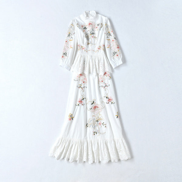 Vestido Largo con Cuello Mao y Bordados Florales en Patchwork - Image 5