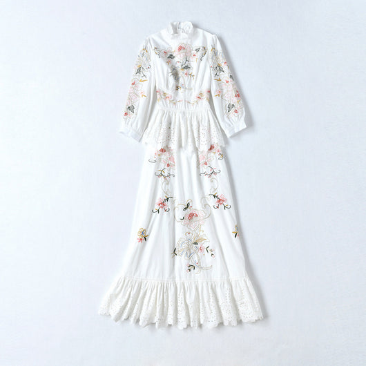 Vestido Largo con Cuello Mao y Bordados Florales en Patchwork - Image 5