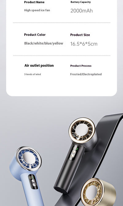Obsidian black handheld fan with gold accents, digital display, and semiconductor ice cooling for high-speed cool air. - Image 10
