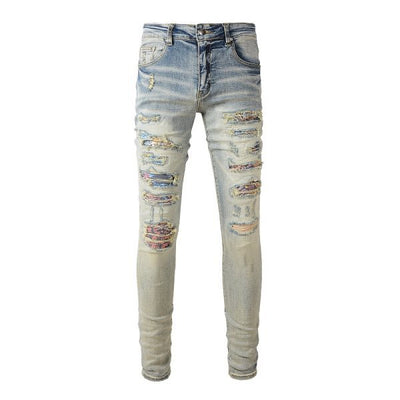 Pantalones Vaqueros Vintage Rotos para Hombre con Estampado de Gato y Parches - Image 15