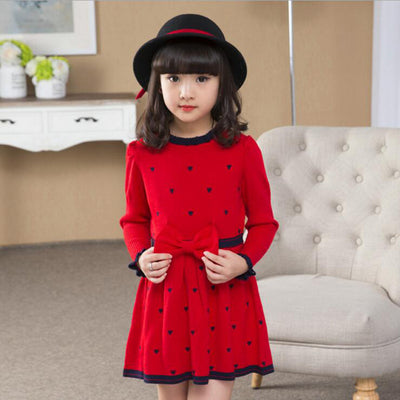 Vestido Suéter Infantil Princesa Coreana con Moño - Manga Larga Cuello Redondo