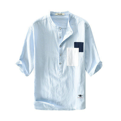 Camisa Hombre Manga Cinco Puntos Algodón Lino con Parches - Image 8