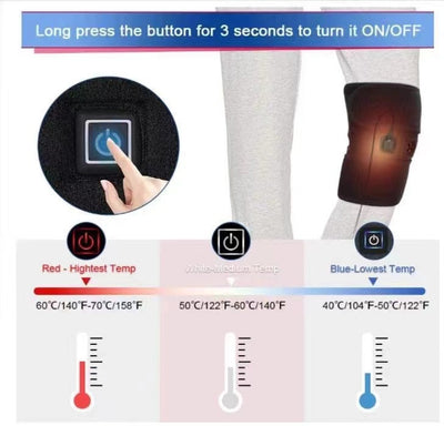 Black electric heating kneecap cover with hot compress massage, shown on a leg with a hand pressing the power button, indicating heat. - Image 7