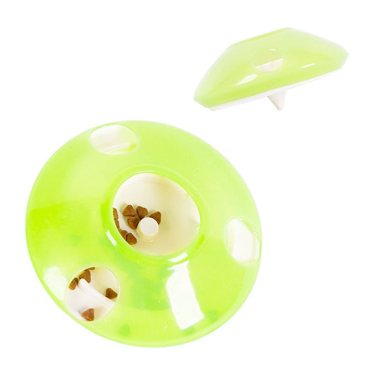 Green and white pet toy, a round food dispenser with multiple openings and a central spinning element for cats. - Image 5