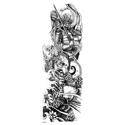 Full arm temporary tattoo sticker with a black, red, and light blue tribal design, featuring abstract shapes and patterns. - Image 40