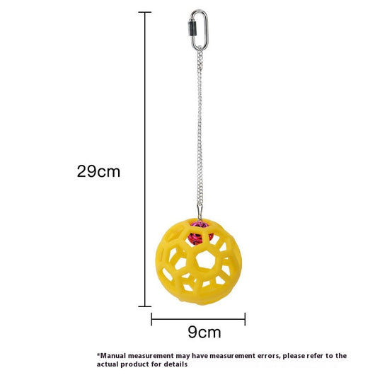 Orange hollow rubber ball bird toy with a pink bell inside, hanging from a silver chain and carabiner clip. - Image 7