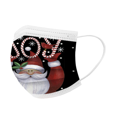 Disposable adult Christmas mask with Santa Claus, a red bird, and "JOY" in candy canes on a black background. - Image 6