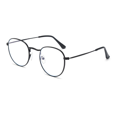 Black metal round frame anti-blue ray glasses with clear lenses, shown at an angle on a white background. - Image 5