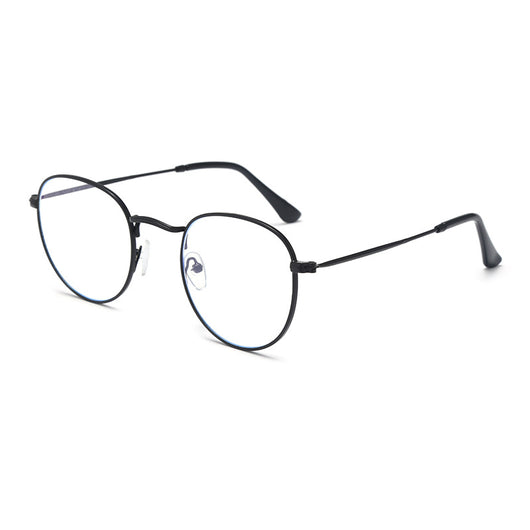 Black metal round frame anti-blue ray glasses with clear lenses, shown at an angle on a white background. - Image 5