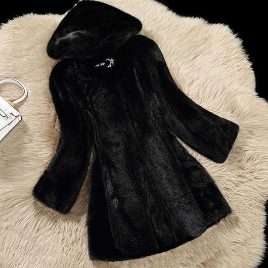 Abrigo de Visón para Mujer Cuello Solapa Largo Casual Ajustado - Image 6