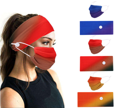 Gradient orange and yellow headband with buttons for attaching a matching pleated face mask, modeled by a woman. - Image 9