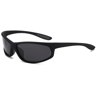 Black sports sunglasses with dark gray lenses and a matte finish, featuring a wrap-around frame style. - Image 4