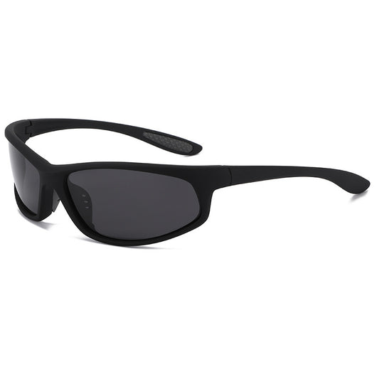 Black sports sunglasses with dark gray lenses and a matte finish, featuring a wrap-around frame style. - Image 4