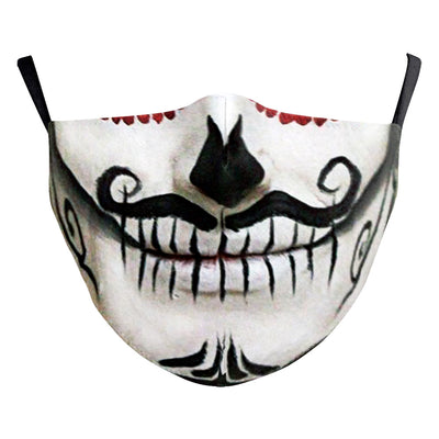 Black double-layer face mask with a repeating pattern of glowing white jack-o'-lantern faces and ear hooks. - Image 38