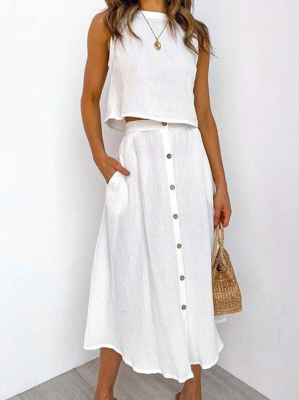 Conjunto de Dos Piezas: Chaleco y Vestido Midi Cuello Redondo Elegante - Image 3