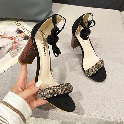Sandalias de Tacón Grueso con Strass y Cordones para Fiesta - Image 6