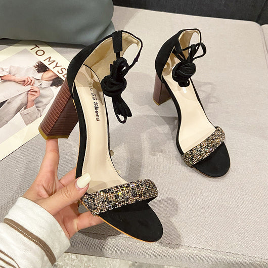 Sandalias de Tacón Grueso con Strass y Cordones para Fiesta - Image 6