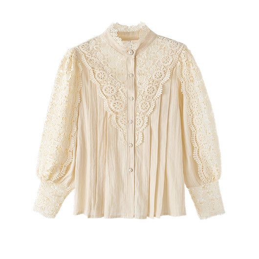 Blusa Elegante de Encaje con Cuello Alzado y Mangas Largas para Mujer - Image 3
