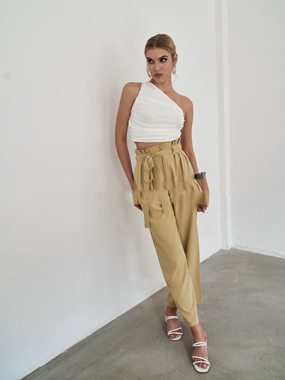 Pantalón Recto Cintura Alta de Algodón Sin Cinturón Marrón - Image 3