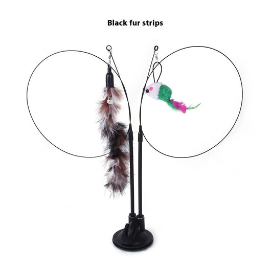 Cat sucker teaser toy with a blue butterfly, gray mouse, and light blue feathers on a black suction cup base. - Image 22