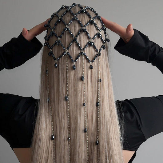 Diadema de Malla Negra Perla Estilo Retro para Trabajo Intenso - Image 7