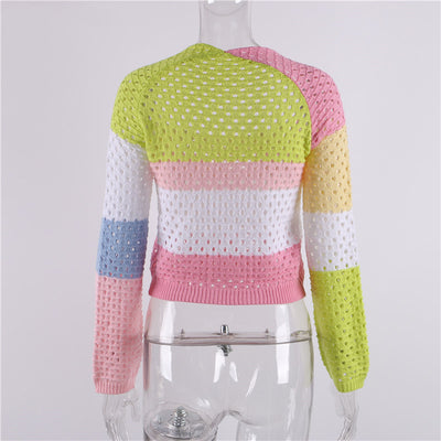 Blusa Tejida Cuello Cuadrado Escote Bajo Rayas Multicolor Manga Larga Ajustada - Image 13