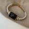 Reloj de Pulsera Cuarzo Perla Negra Cuadrado con Diamantes Plata
