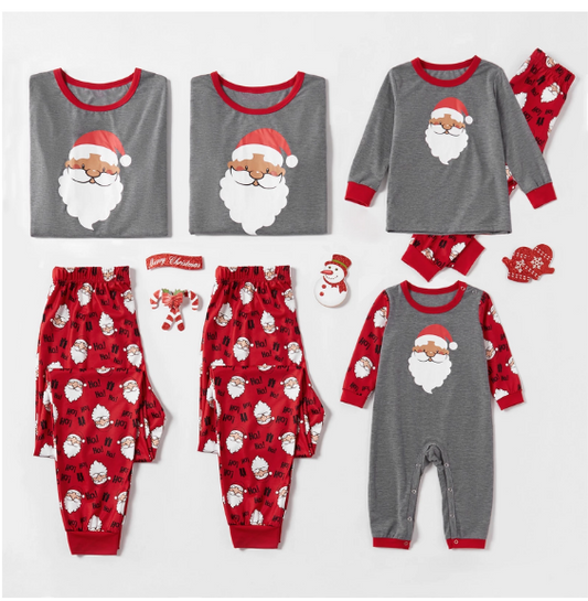 Children's grey and red long-sleeve pajama set with Santa Claus graphic on top and repeating Santa pattern on pants. - Image 2