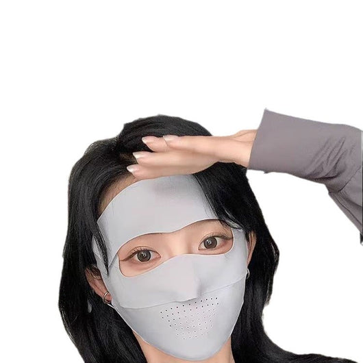 Light blue ice silk face mask with breathable perforations and adjustable ear loops for sun protection. - Image 5