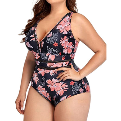 Women's plus size black one-piece swimsuit with a V-neckline and mesh fabric stitching details at the bust and waist. - Image 3