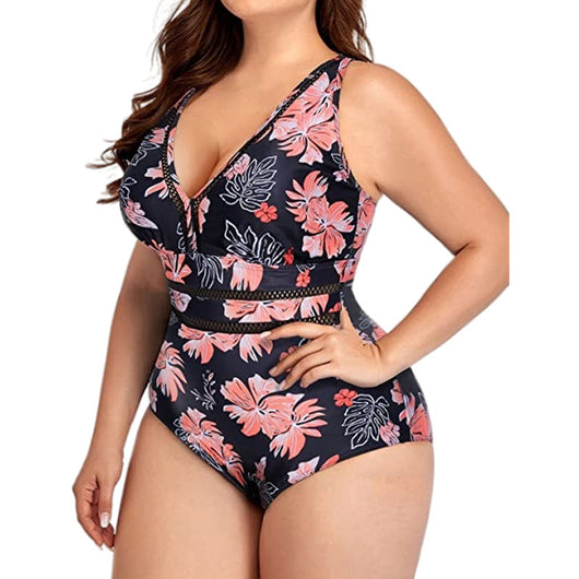 Women's plus size black one-piece swimsuit with a V-neckline and mesh fabric stitching details at the bust and waist. - Image 3