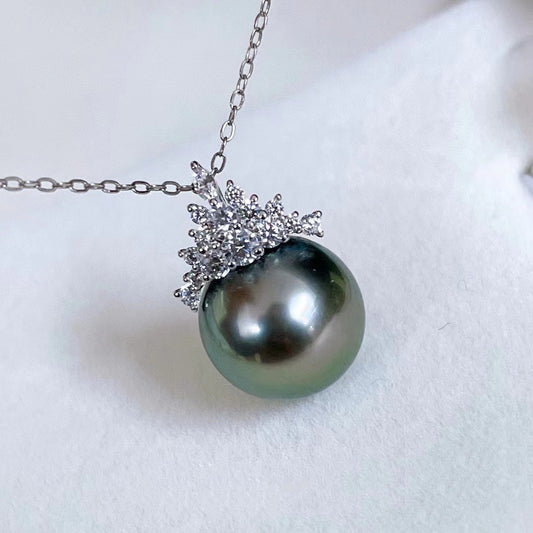 Collar Colgante Perla Negra Plata S925 Reina del Hielo Luz Brillante