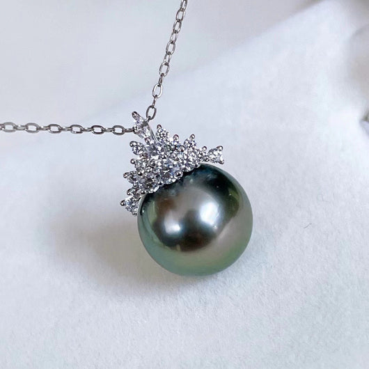 Collar Colgante Perla Negra Plata S925 Reina del Hielo Luz Brillante