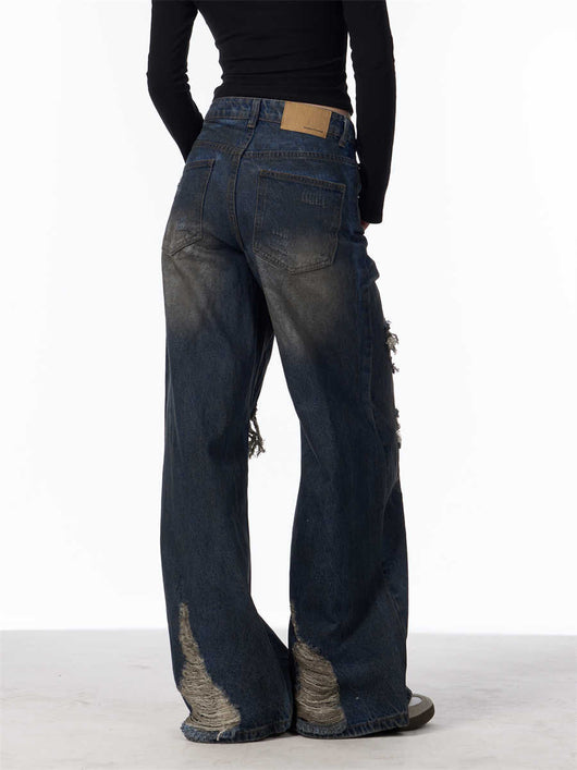 Pantalones Vaqueros Rotos Camuflaje Mujer Cintura Alta Pierna Recta Oversize - Image 5