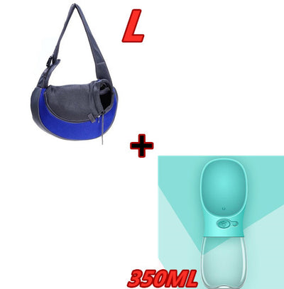 White portable pet water bottle with a clear reservoir and built-in drinking bowl, shown in a bag. - Image 16