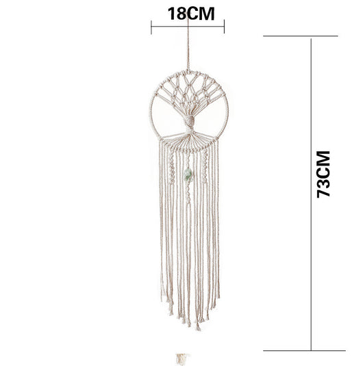 Handmade macrame dream catcher with a tree of life design, natural cotton rope, and a light green stone accent. - Image 6