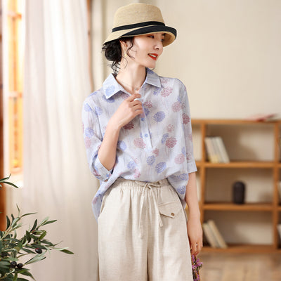 Blusa Estampada Suelta con Solapas - Largo Atrás, Corto Adelante - Image 2