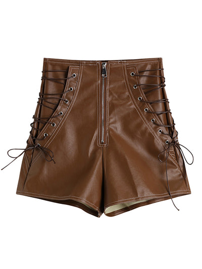 Shorts de Cuero PU Cintura Alta con Cordones Retro - Image 3